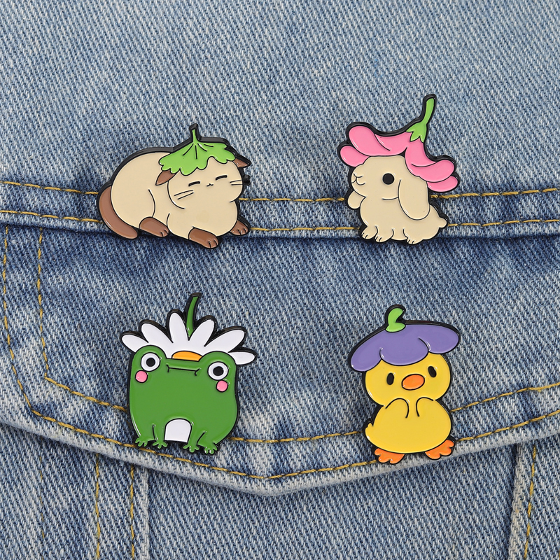 Flower Frog Pin - Flowers Leaf Hat Enamel Pins Cat