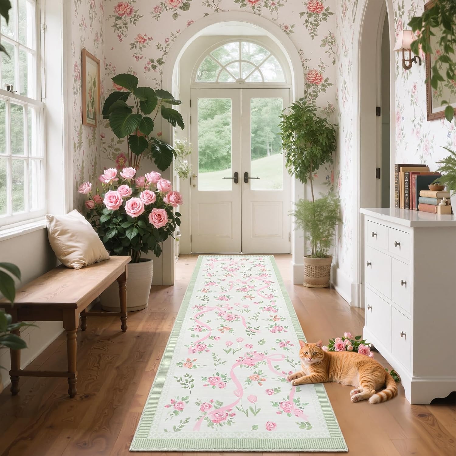 Floral Tape Green - Corridor Carpet Runner Rug Machine Washable