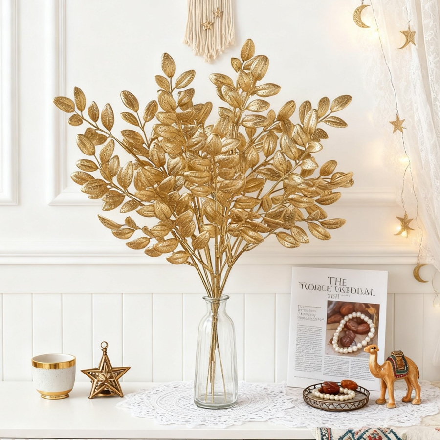 10Pcs Artificial Plant Golden  - Palm Leaf Dried ulasan dan harga