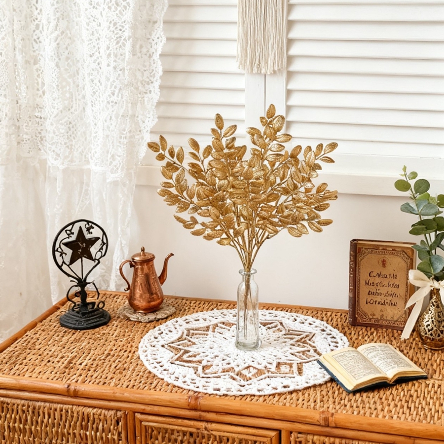10Pcs Artificial Plant Golden  - Palm Leaf Dried ulasan dan harga